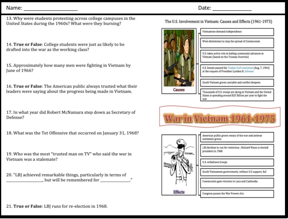 Vietnam War questions 13-21: students answer items on protests, the draft and Tet beside a causes and effects chart