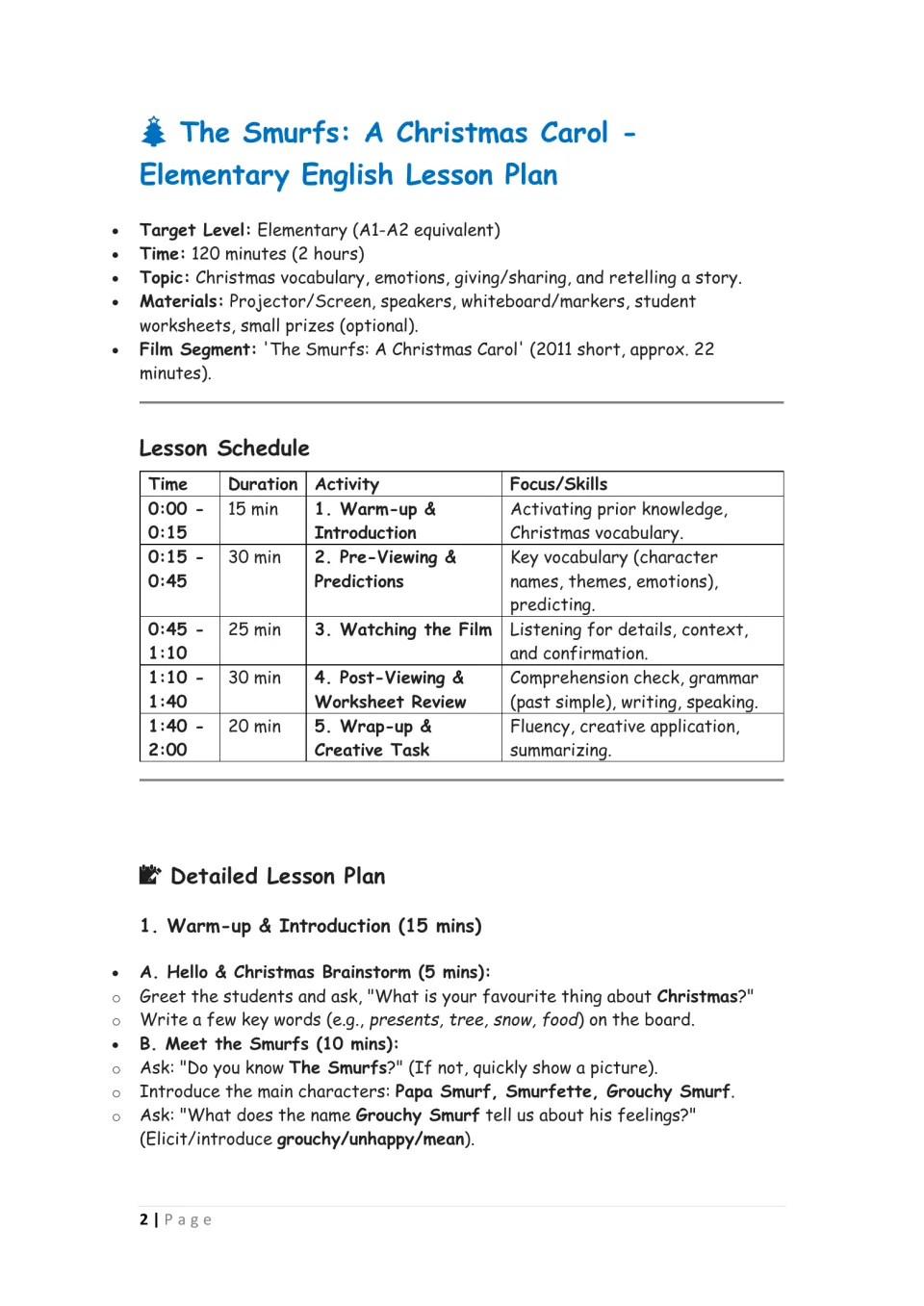 Smurfs Christmas Carol lesson overview: 2-hour schedule of five stages, then warm-up steps to brainstorm Christmas words
