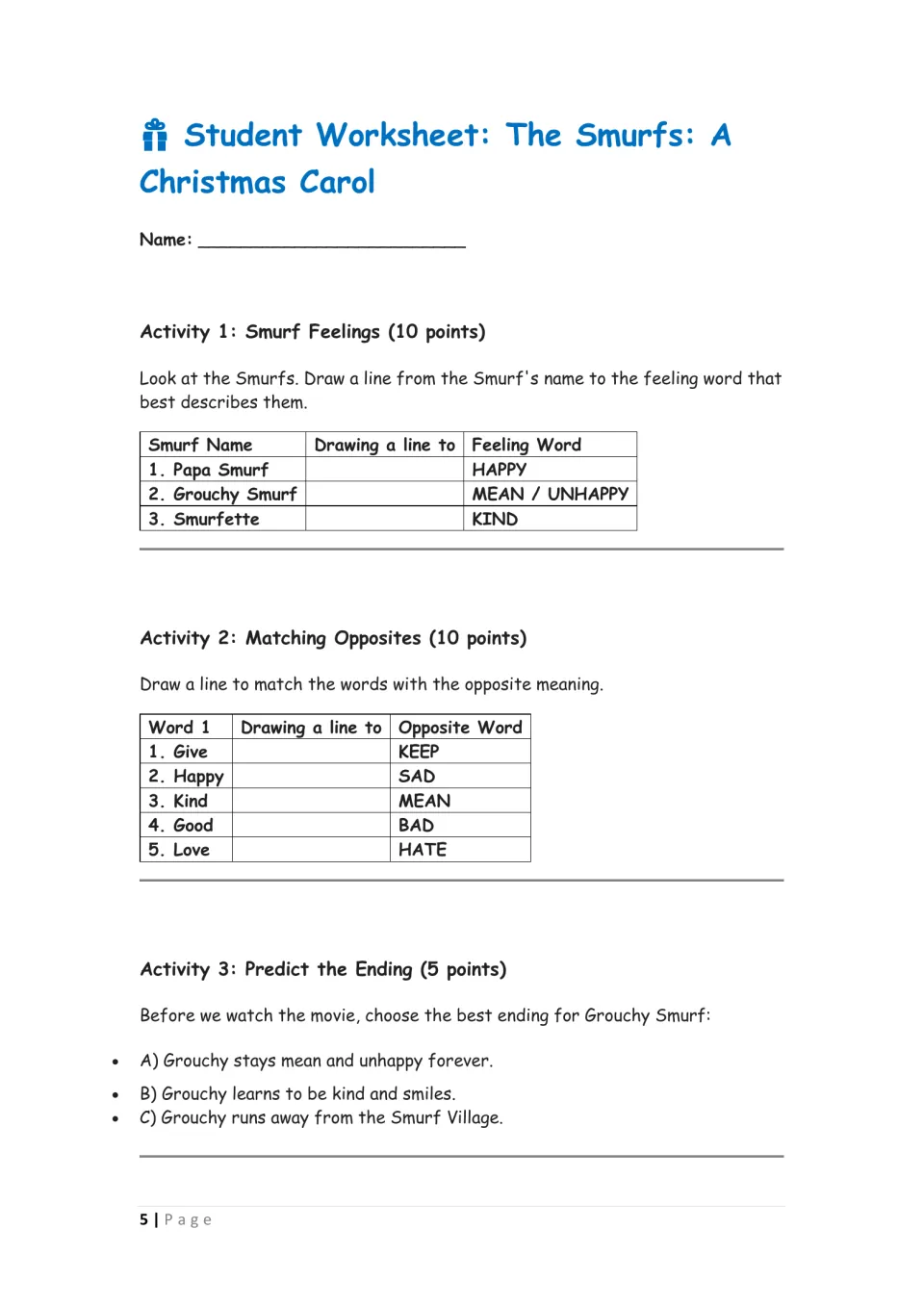 Smurf feelings and opposites: students match names to feeling words, match opposite pairs and predict Grouchy's ending