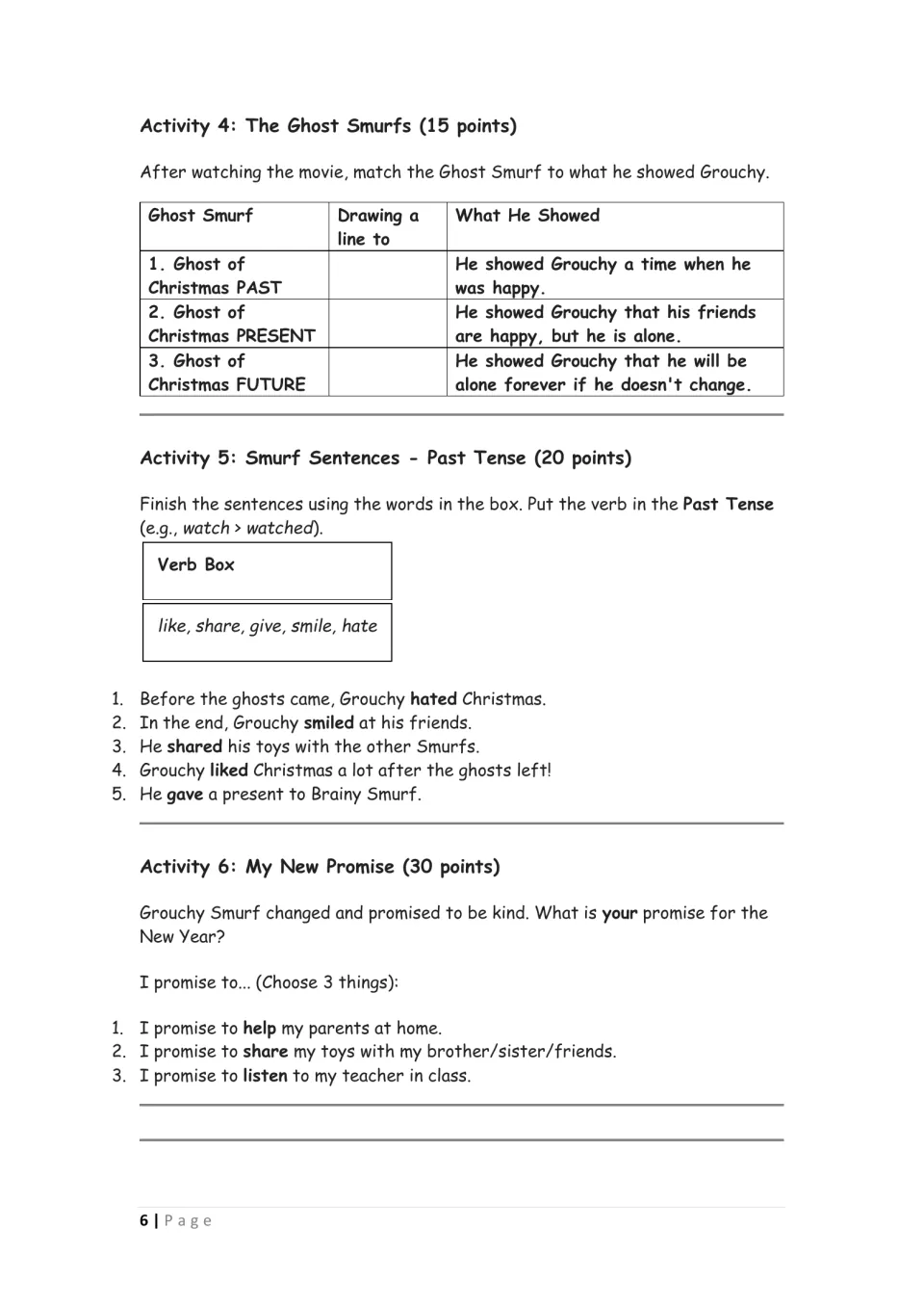 Ghost Smurfs matching, past tense verb sentences shown with verbs filled in, and three sample New Year promise sentences