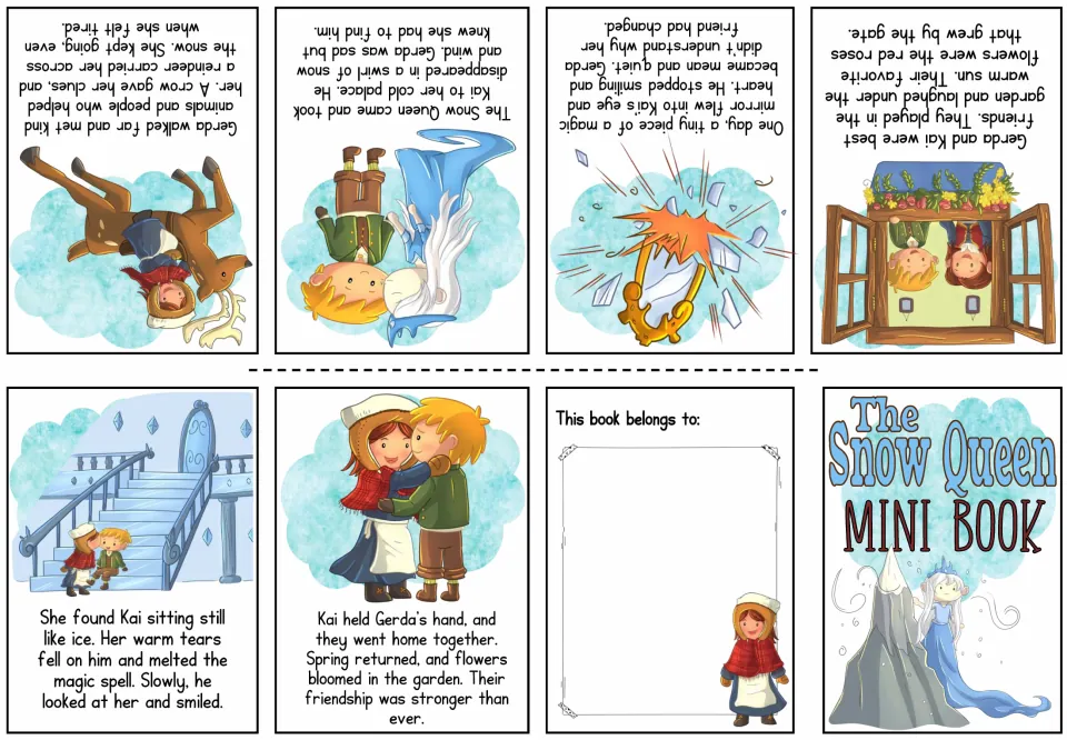 Color mini-book sheet tells how Gerda searches for Kai, breaks the spell with her tears, and returns home