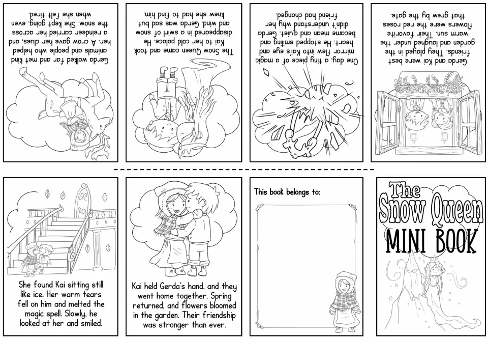 Black-and-white mini-book sheet pairs six illustrated story scenes with text about Gerda rescuing Kai