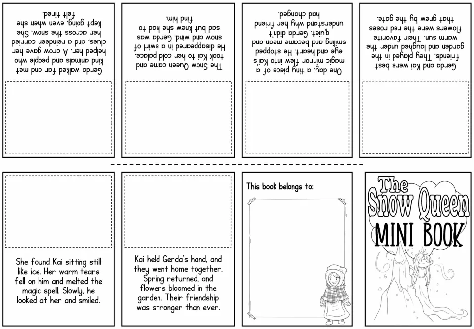 Picture-fill mini-book sheet provides six story passages about Gerda and Kai with spaces for matching scenes