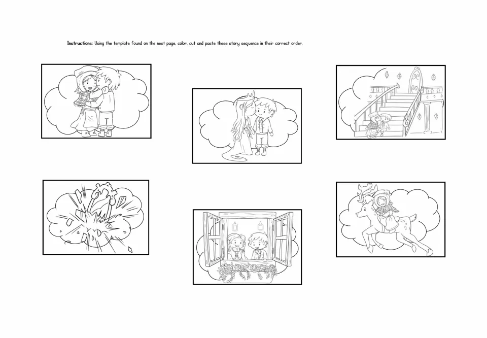 Six story sequencing cutouts show Gerda and Kai, the broken mirror, the queen, a reindeer, and the rescue