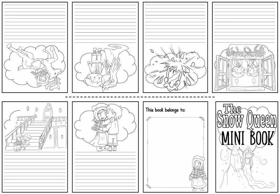 Story retelling mini-book sheet provides six illustrations of Gerda and Kai with space to write each event