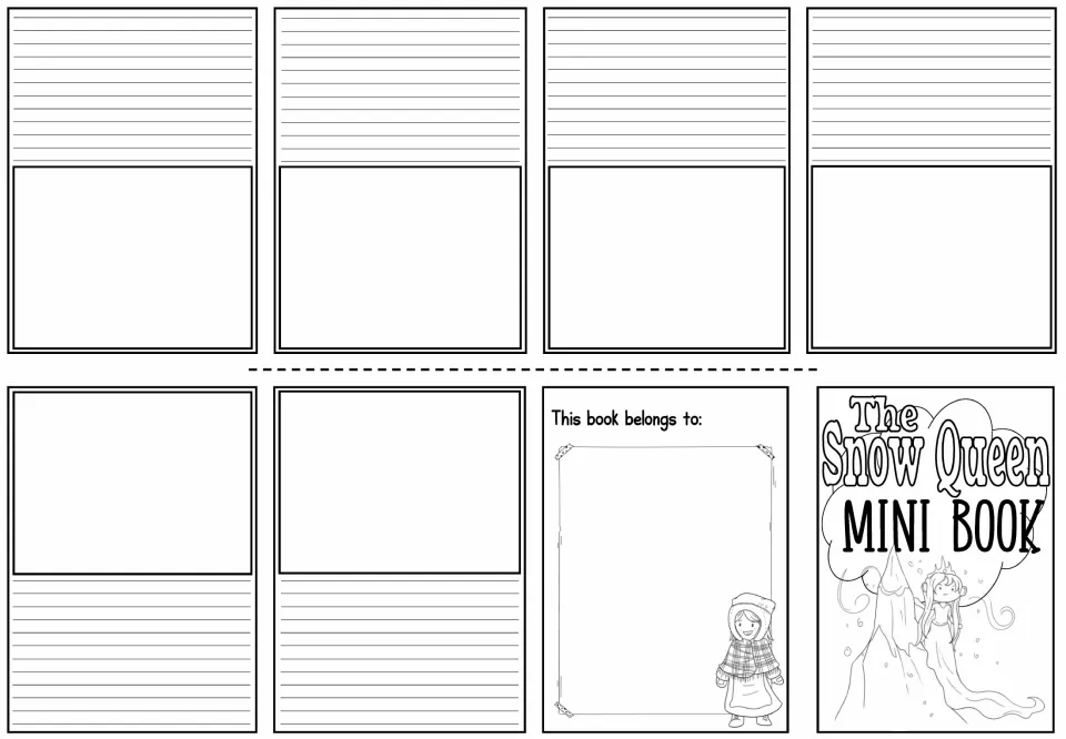 Blank mini-book sheet includes six spaces for story drawings and writing, plus a cover and ownership page