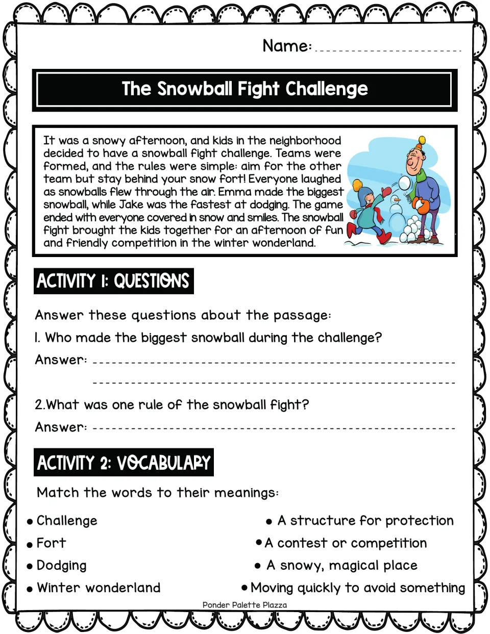 Reading passage about Emma and Jake's snowball fight, followed by two questions and four vocabulary matches.