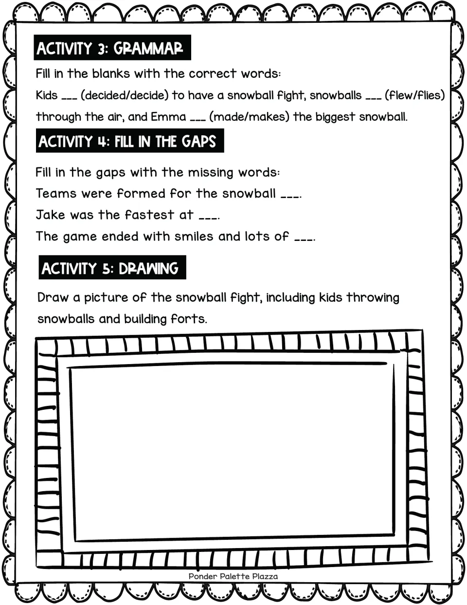 Follow-up reading activities: choose past-tense verbs, fill three story gaps, and draw a snowball fight.