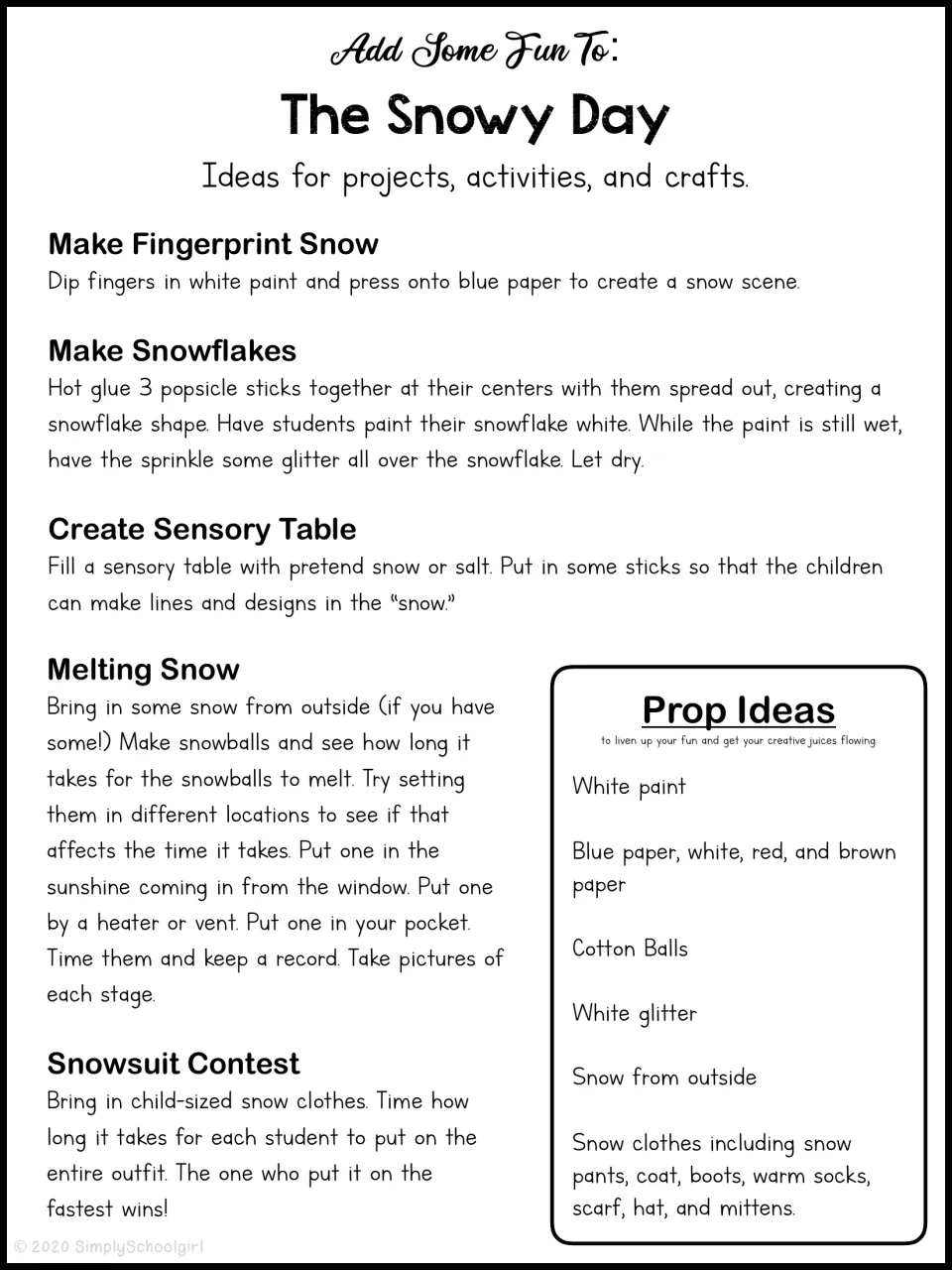 Winter extension ideas: fingerprint snow, popsicle-stick snowflakes, sensory table, melting snow test and snowsuit race