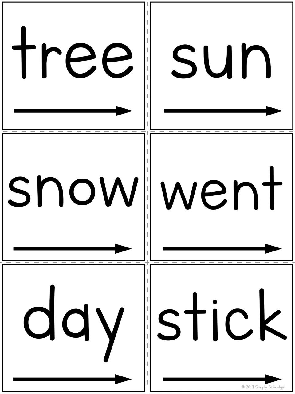 Word cards for reading practice: tree, sun, snow, went, day and stick, each with a left-to-right arrow beneath the word