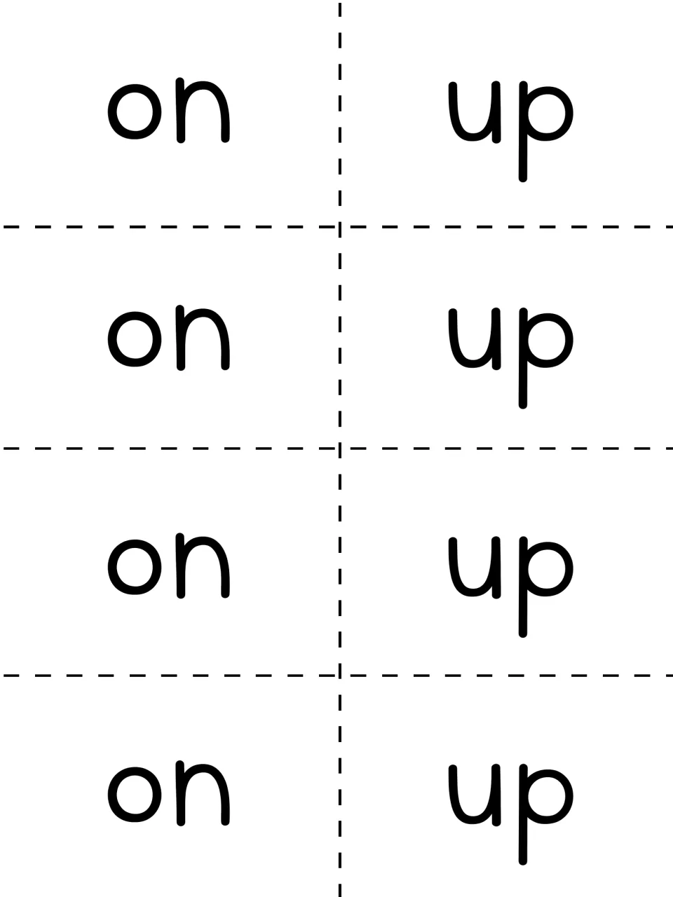 Small word cards to cut out: the words on and up, each printed four times, to add to the word card set