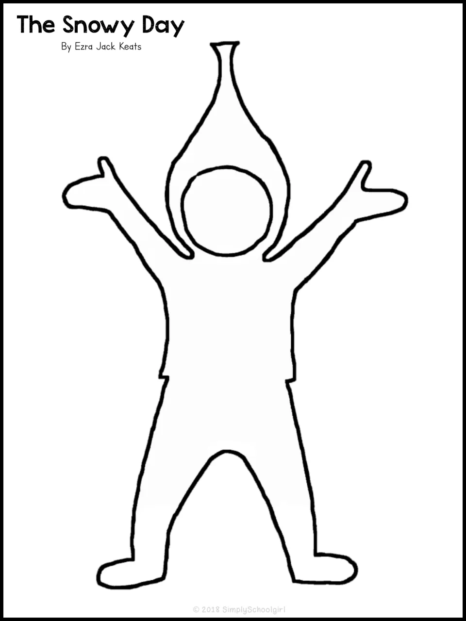 Outline of a child in a pointed hood with arms raised, labeled with the book's title and author, for coloring or tracing