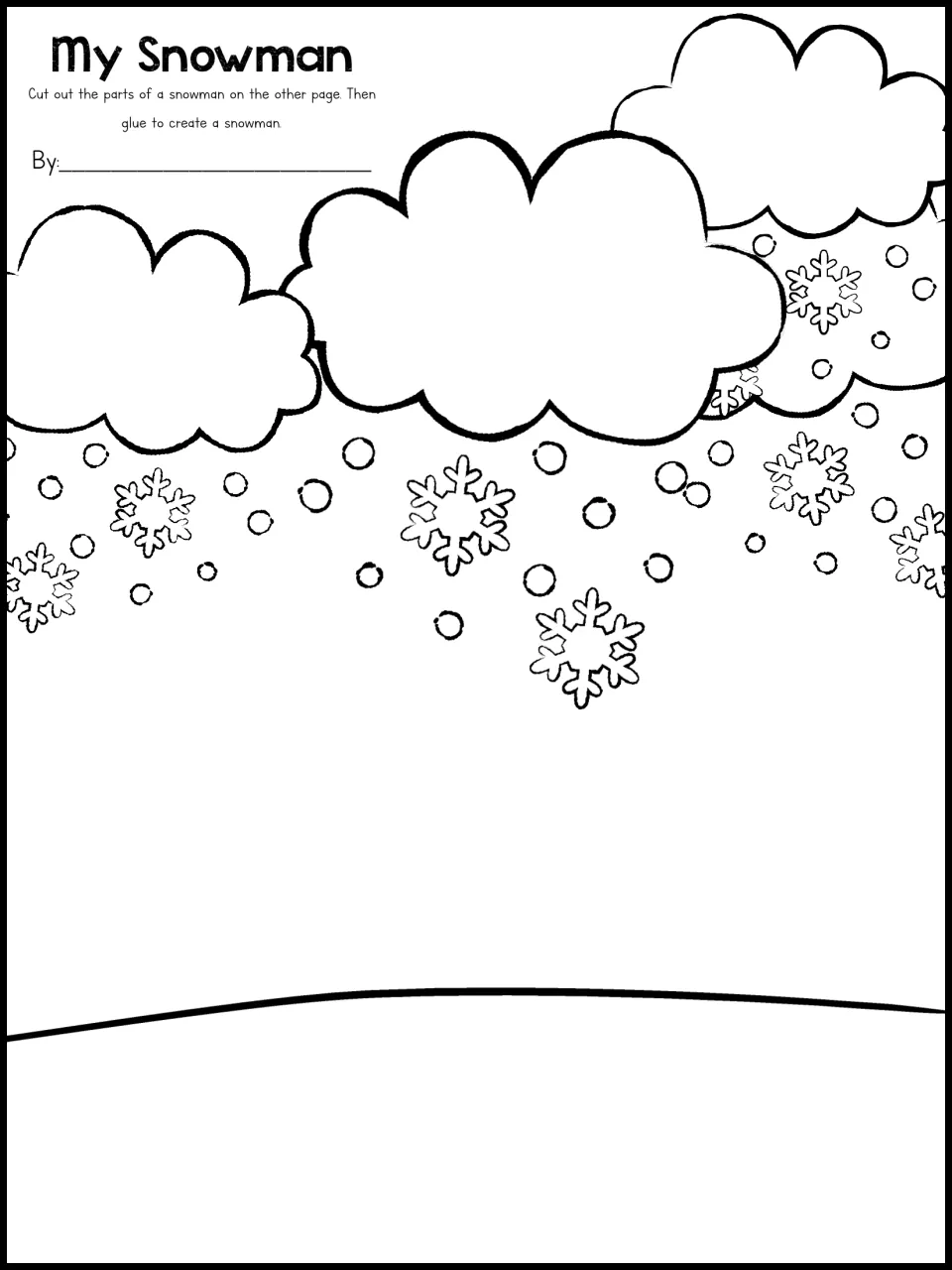 My Snowman craft: students glue cut-out snowman parts onto a snowy scene with clouds and falling snowflakes