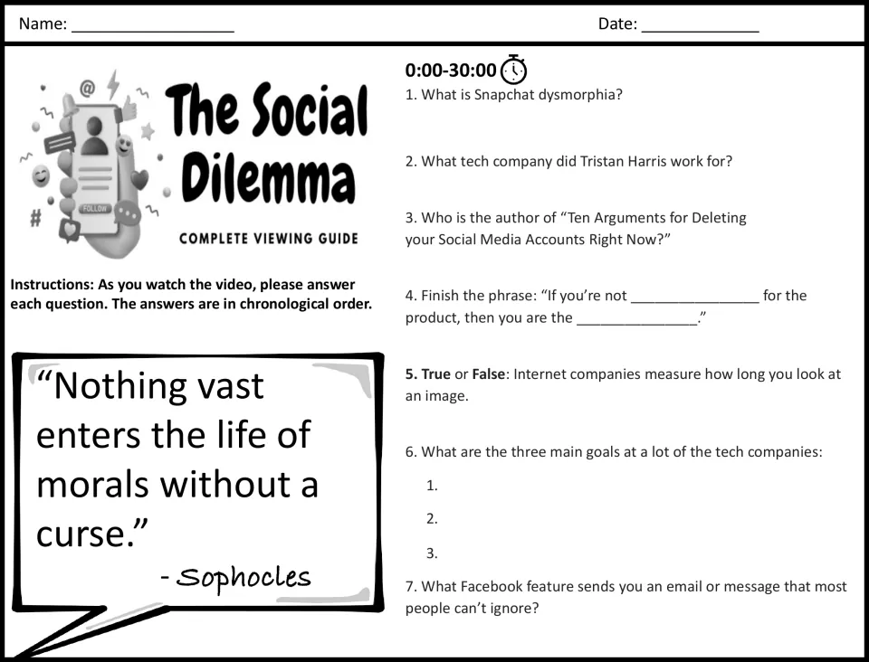 The Social Dilemma viewing guide, 0:00-30:00: students answer 7 questions on Snapchat dysmorphia and tech goals