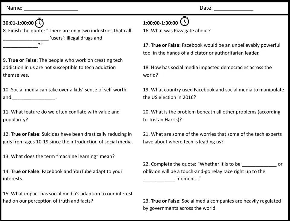 Video questions 8-23, 30:01-1:30:00: students answer true/false, fill-in quotes and items on machine learning