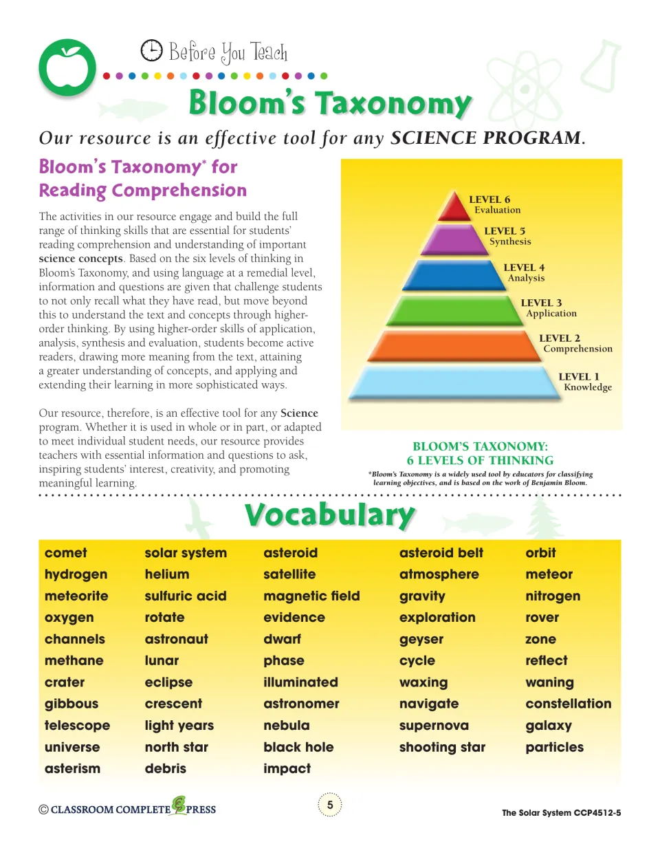 Bloom's Taxonomy overview with the six thinking levels and a vocabulary list: comet, nebula, supernova, black hole and more