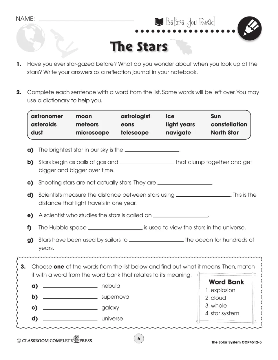 Before You Read page on stars: fill in 7 sentences from a word list and match nebula, supernova, galaxy, universe