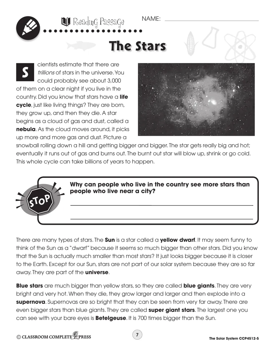 Reading passage on stars: the life cycle starting as a nebula, the yellow dwarf Sun, blue giants, supernovas and Betelgeuse
