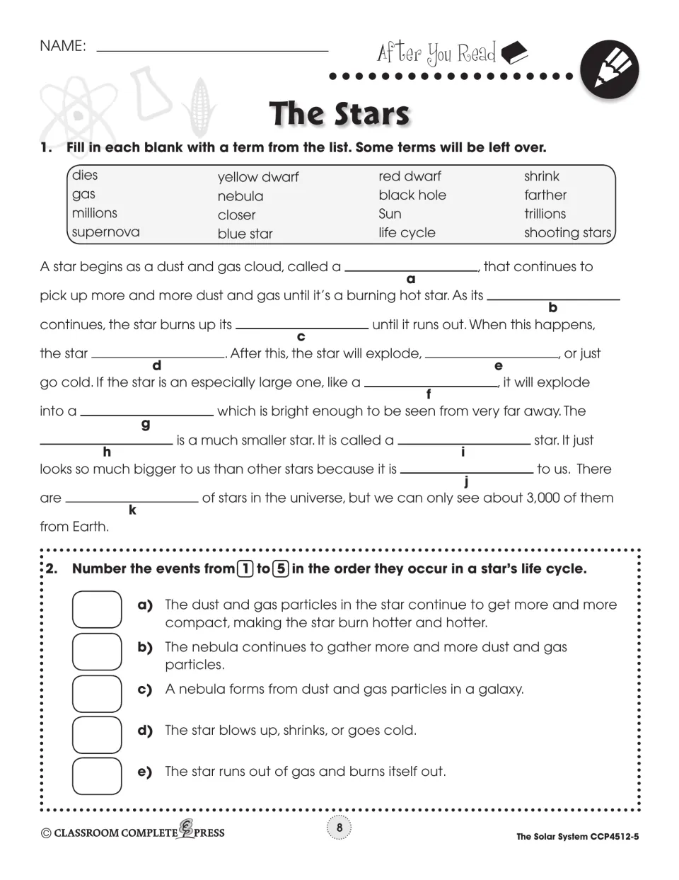 After You Read page 1: fill in a star life cycle paragraph from a term list, then order 5 life cycle events