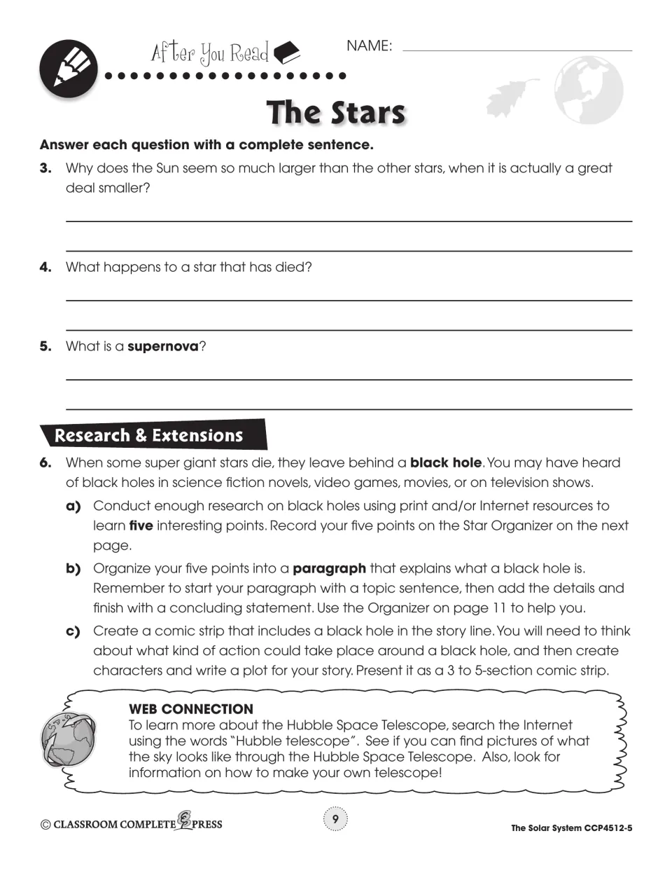 Short-answer questions on the Sun's size, dead stars and supernovas, plus black hole research and a comic strip task