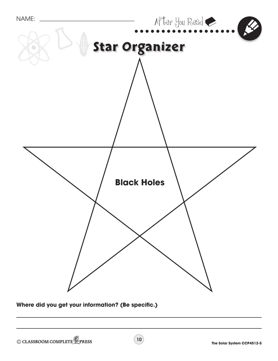 Star Organizer with Black Holes at the center for recording five research points and where the information came from