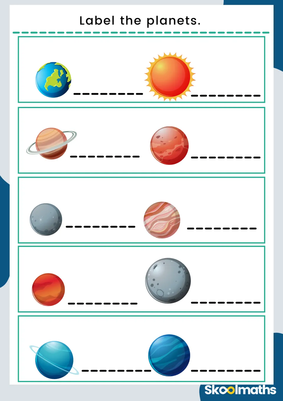 Label the planets: students write the name under 10 pictures, including Earth, the Sun, Saturn, Mars and the Moon