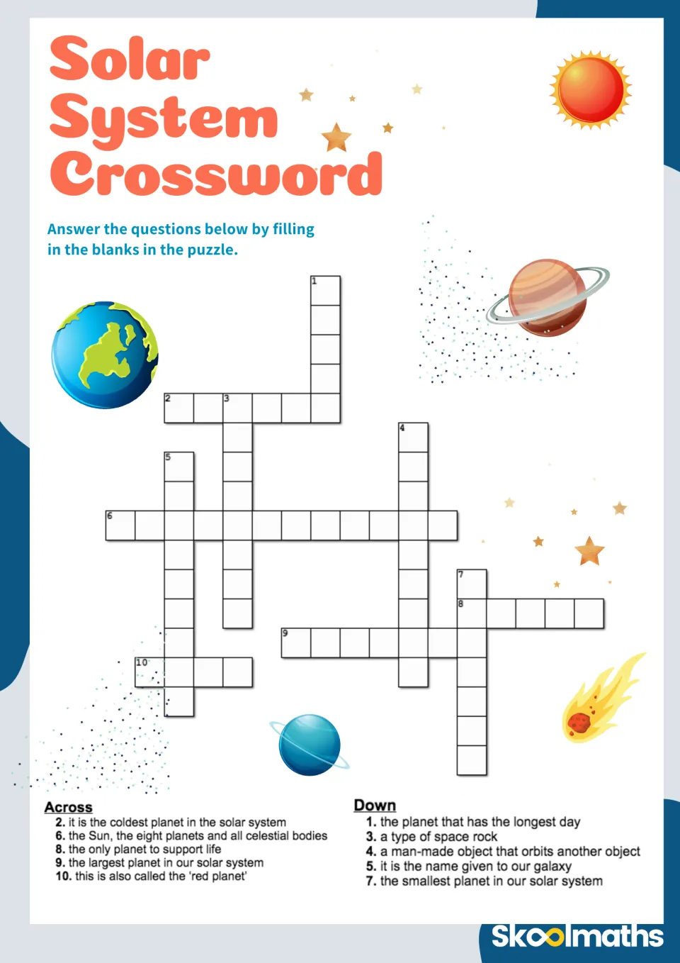 Solar System Crossword: students solve 10 across and down clues on planets, our galaxy, asteroids and satellites