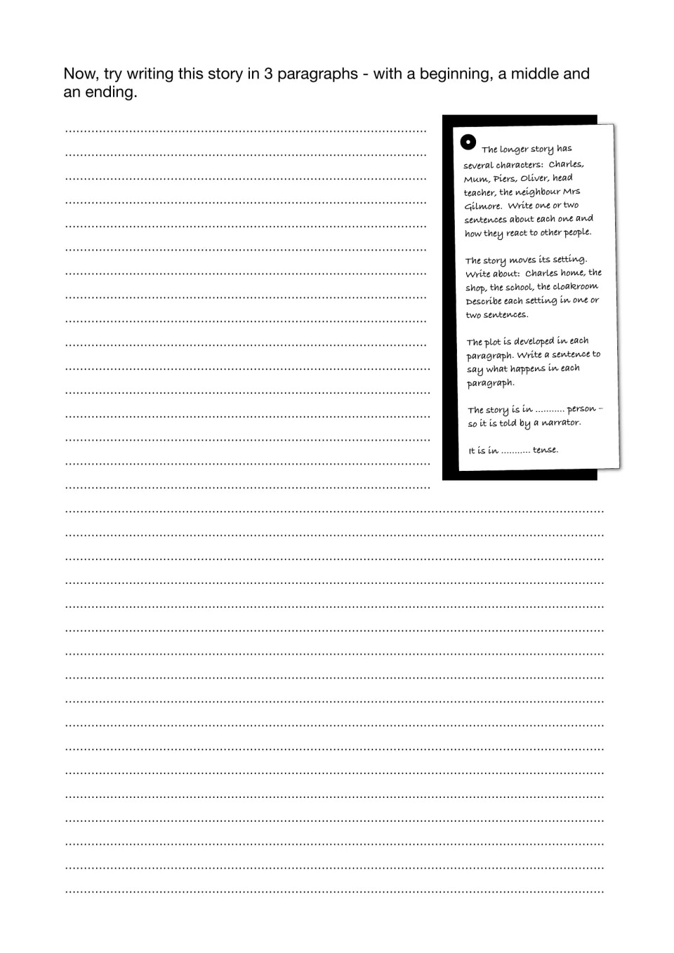 Retelling the bag story in 3 paragraphs: students write beginning, middle and end, guided by character and setting prompts