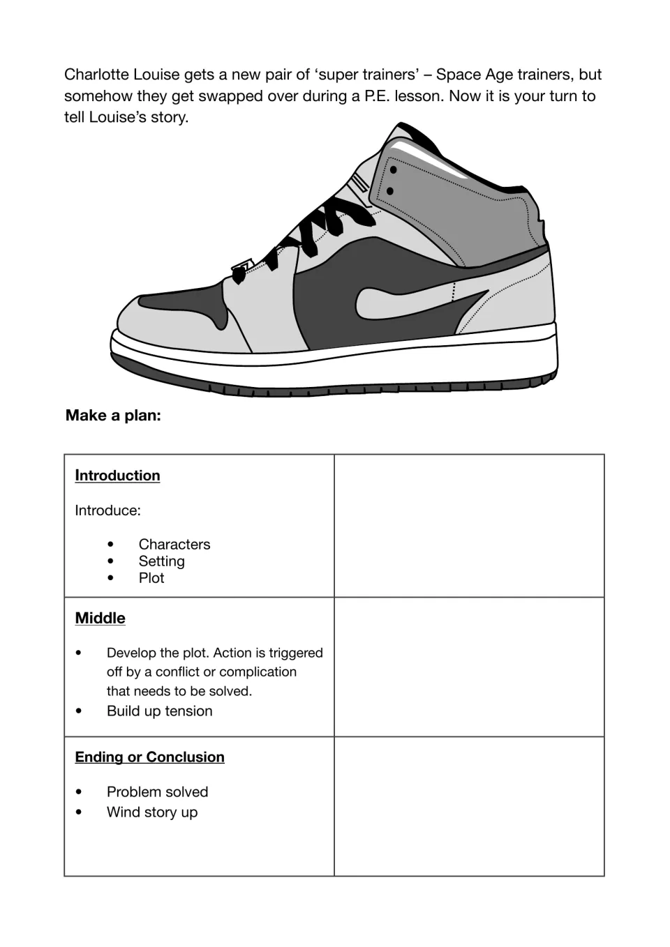 Planning a new story: Louise's Space Age trainers are swapped in P.E.; students plan introduction, middle and ending