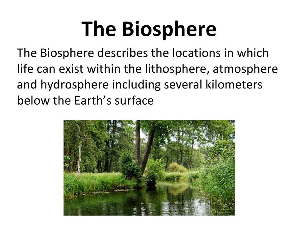 Biosphere lesson slide describes where life exists within the lithosphere, atmosphere, and hydrosphere