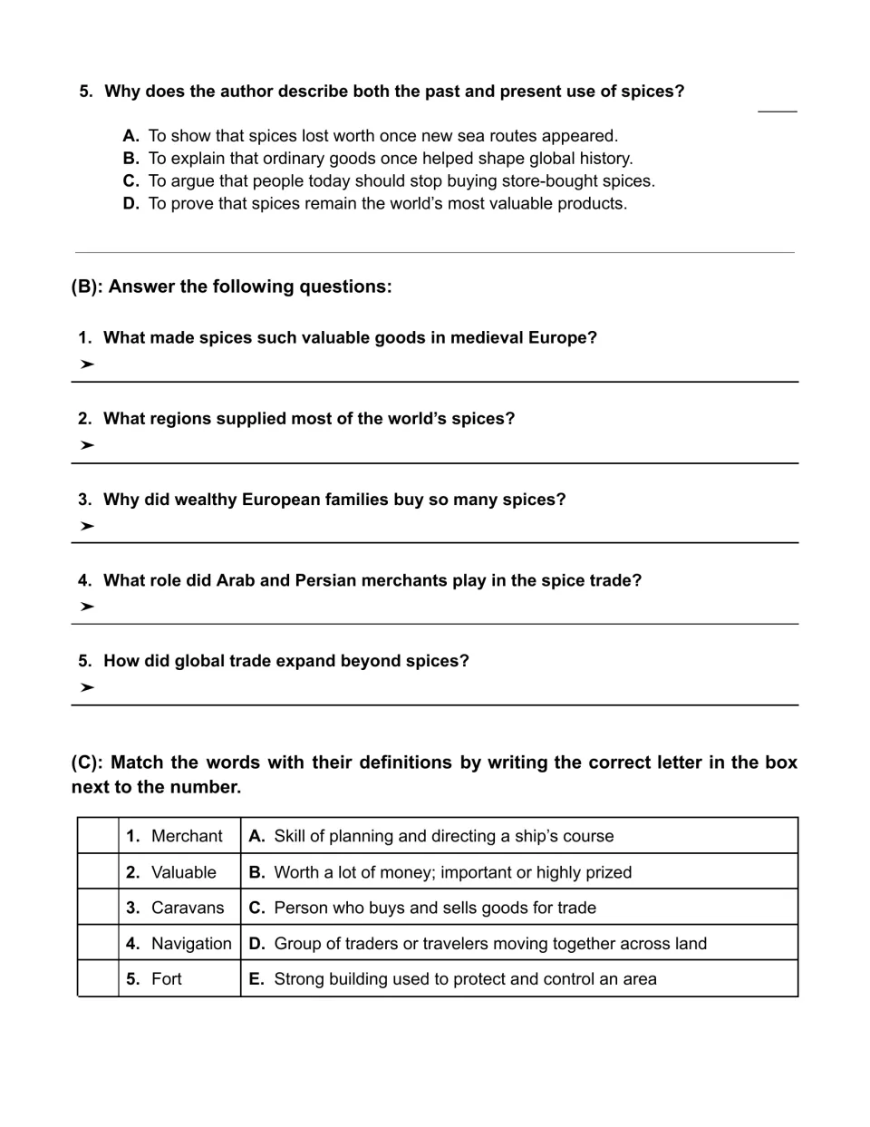 Spice trade questions: a final author's purpose item, five short written answers and matching trade words to meanings