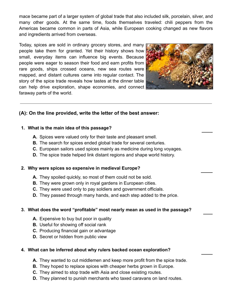Spice trade passage ends, then Part A: students choose the best answer on main idea, cost, vocabulary and inference