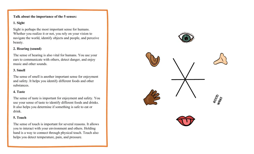 Five senses talk notes on sight, hearing, smell, taste and touch beside a spinner with eye, ear, nose, hand and lips icons