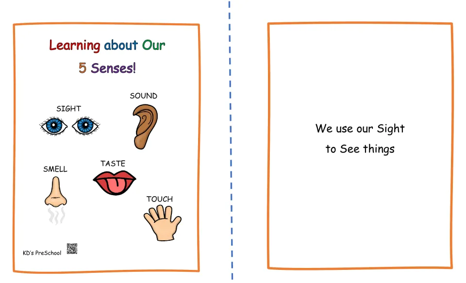Senses booklet cover 'Learning about Our 5 Senses!' with labeled eyes, ear, nose, lips and hand, plus the sight page