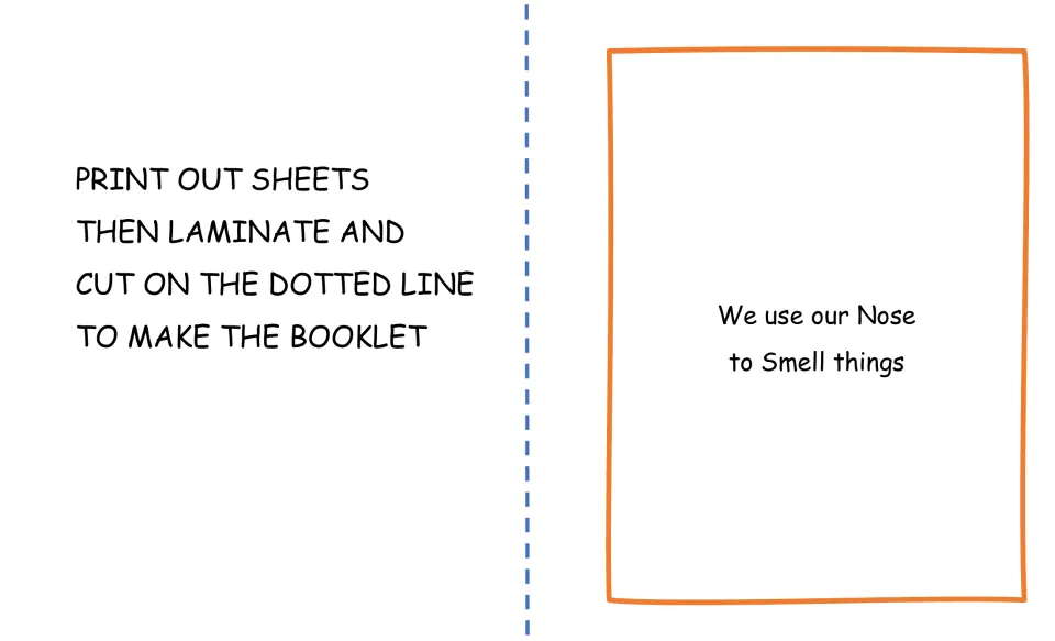 Booklet steps: print, laminate and cut on the dotted line, plus the smell page 'We use our Nose to Smell things'