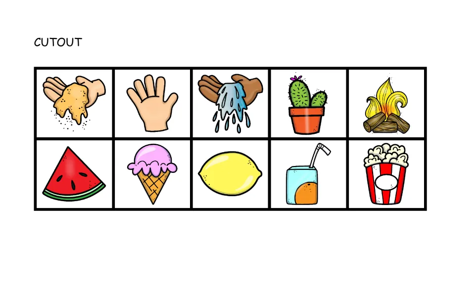 Touch and taste picture cards cut-out piece: sand, water, cactus, fire, watermelon, lemon and popcorn to sort