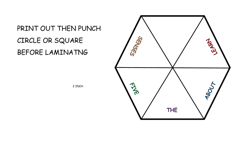 Spinner wheel to print and punch: six sections spell 'Learn about the five senses', with a 2 inch punch note