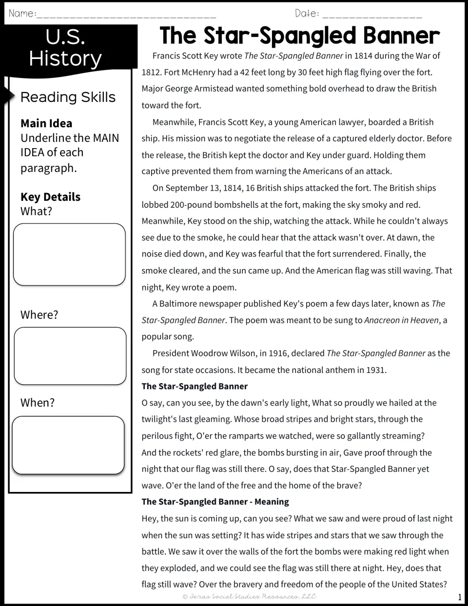 Star-Spangled Banner history passage: students underline each paragraph's main idea and note what, where and when details