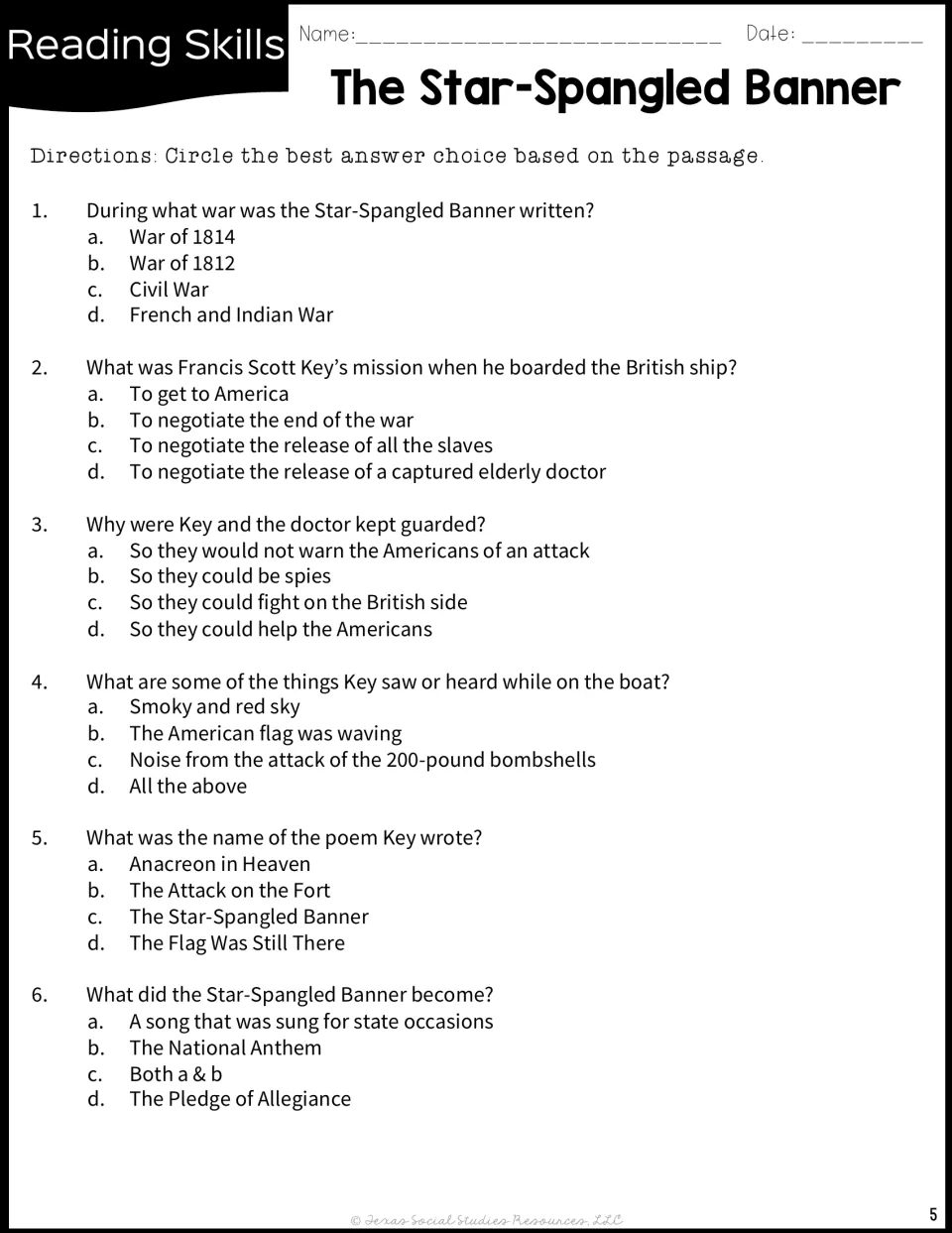 Reading comprehension quiz: students circle answers to six questions on the War of 1812, Key's mission and his poem
