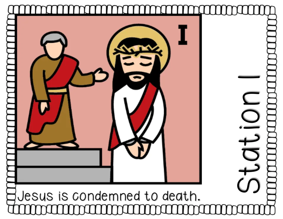 Station 1 story page reads 'Jesus is condemned to death.' and illustrates Jesus standing with His hands bound