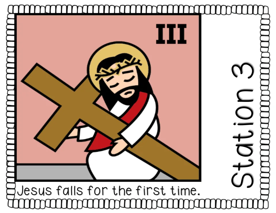 Station 3 story page reads 'Jesus falls for the first time.' and illustrates Jesus falling under the cross