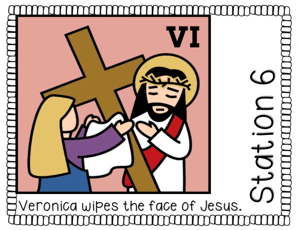 Station 6 story page reads 'Veronica wipes the face of Jesus.' and illustrates Veronica holding a cloth