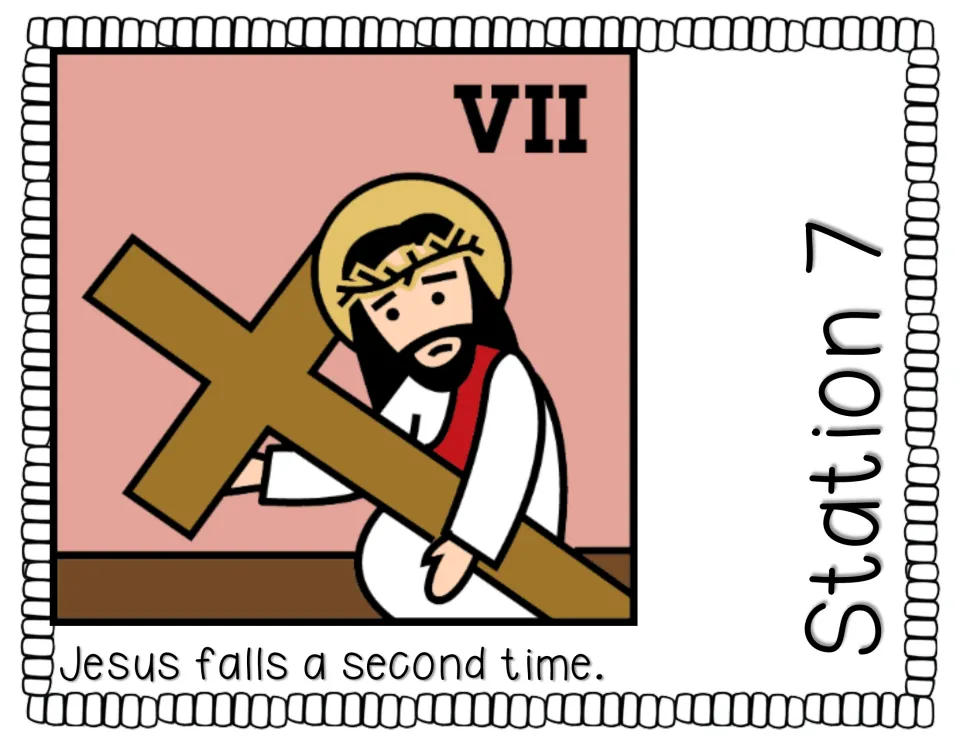 Station 7 story page reads 'Jesus falls a second time.' and illustrates Jesus kneeling beneath the cross