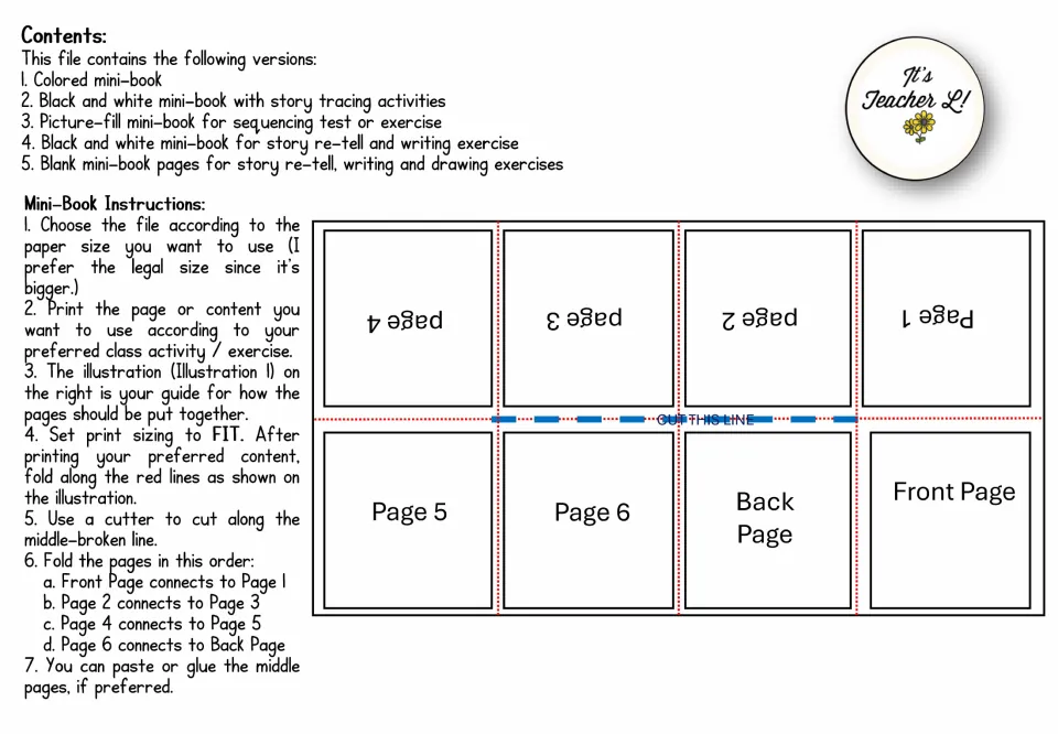 Mini book contents list five versions; assembly instructions explain printing, cutting, and folding