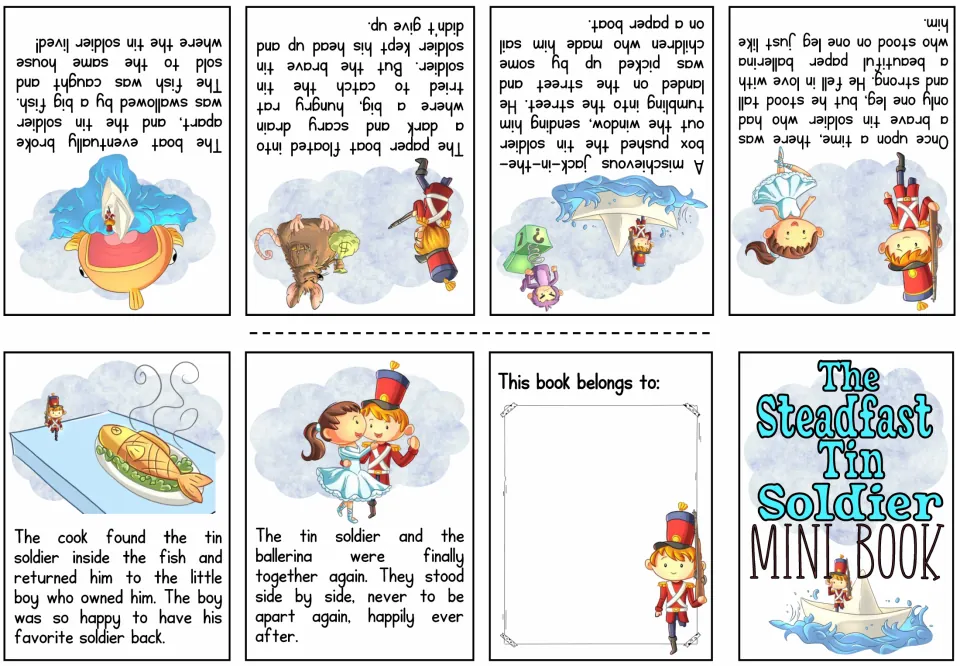 Color mini book sheet: six story pages follow the soldier's journey and reunion, plus front and back covers
