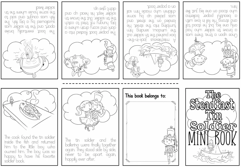 Black-and-white mini book sheet with traceable text for all six story pages, plus front and back covers