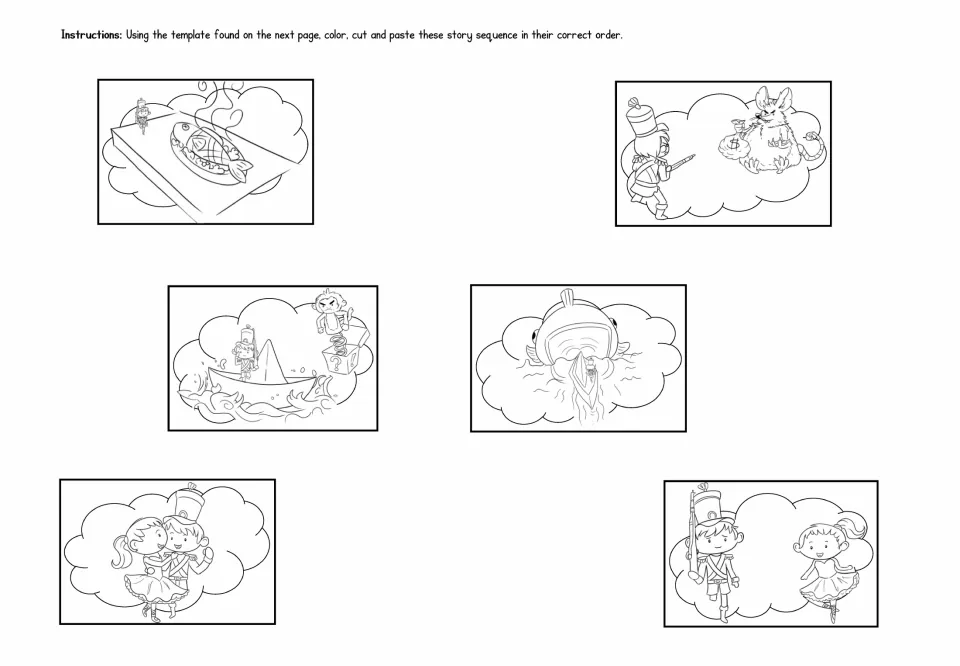 Six mini book sequencing pictures to color, cut, and paste: the soldier, paper boat, rat, fish, and reunion