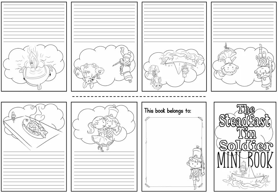 Story retelling mini book sheet with six black-and-white scene illustrations and space to write each event