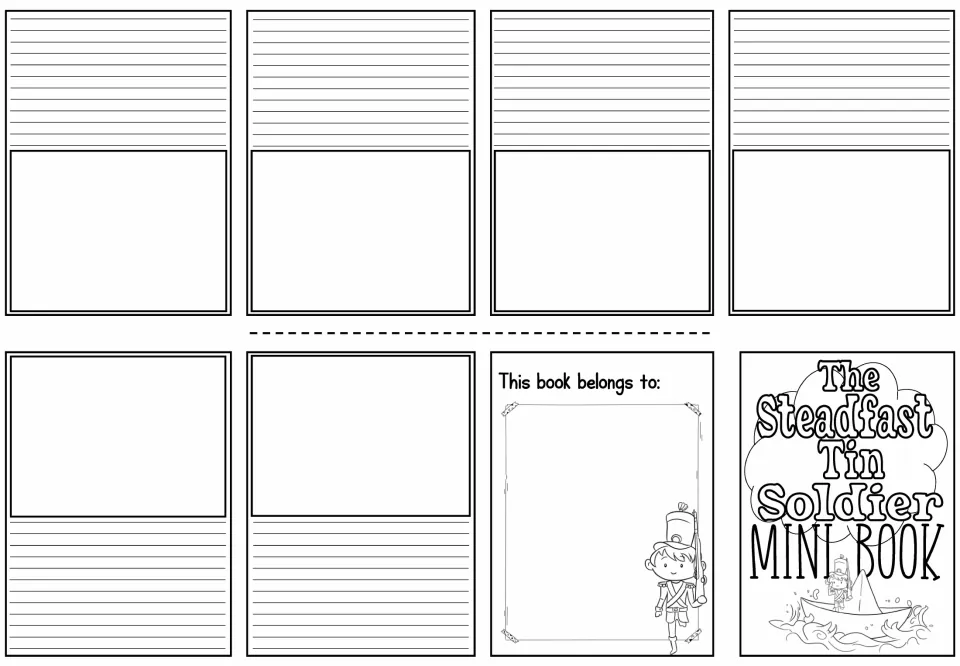 Blank mini book sheet with six spaces for drawing and writing a retelling, plus front and ownership covers
