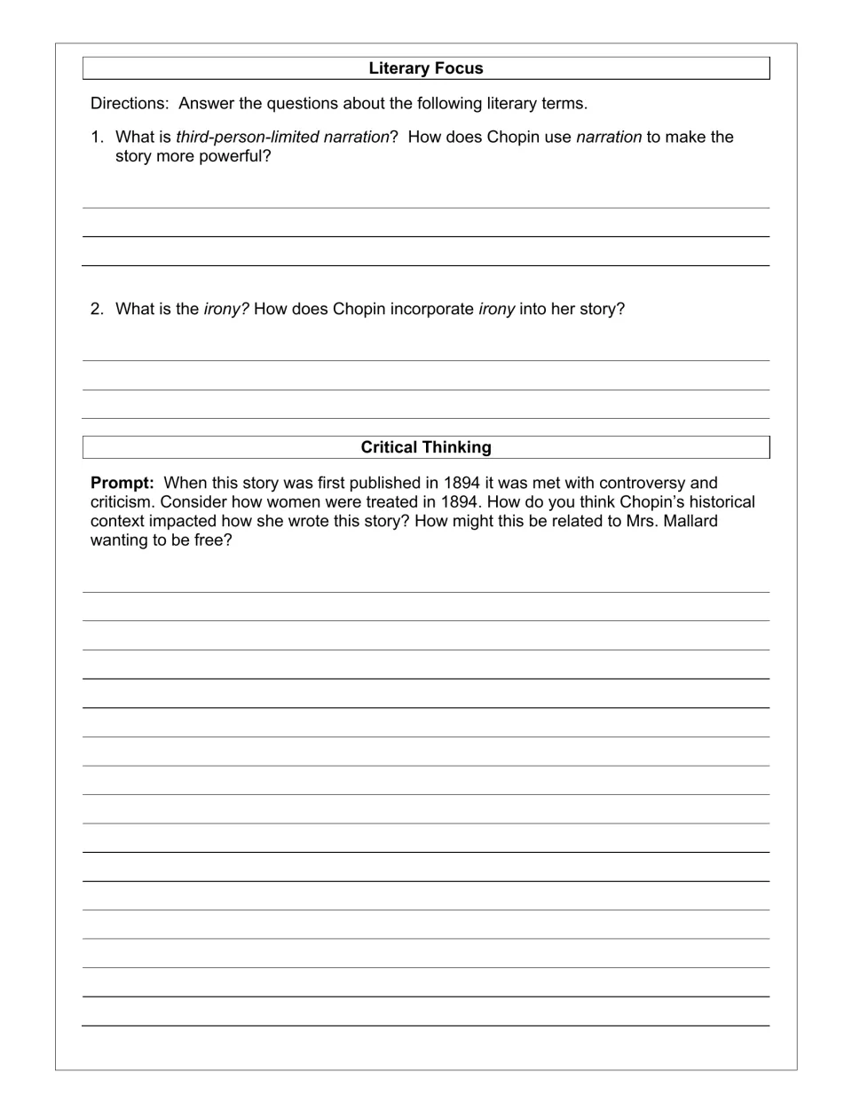 Literary analysis worksheet: third-person-limited narration, irony, and women's treatment in 1894.